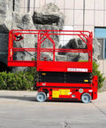 Heavy Duty Hydraulic Lift Platform Production Line Docking Table on wheels, red, used for easy material transfer in workshops.