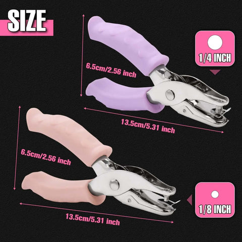 Two Pack Handheld Hole Punch Set With 1/8 Inch And 1/4 Inch Holes Includes 10 Binder Rings Heavy Duty Metal Punches For Crafts Tags Tickets And Paper Projects, featuring purple and pink ergonomic handles with size labels