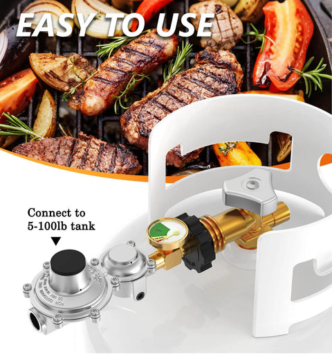 Two Stage Propane Regulator With Gauge For RV And Outdoor Appliances NUPICK POL Inlet connected to propane tank near grill