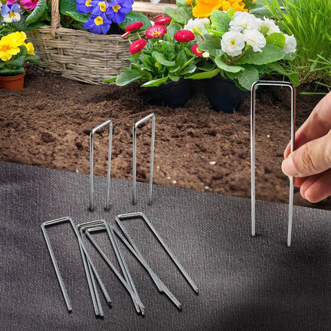 Six Inch Galvanized Landscape Staples With Gasket Caps 100 Pack U Shaped Pins for Irrigation Tubing Lawn Fabric Landscape