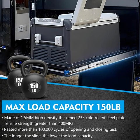 Beefy 22 Inch Locking Drawer Slides with 150 lb load capacity installed in refrigerator compartment