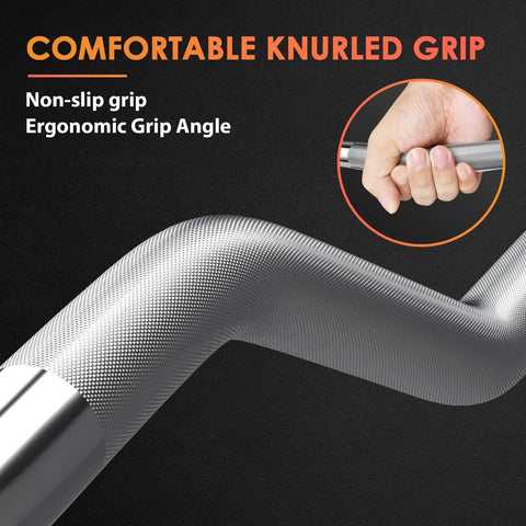 47 Inch EZ Curl Bar With Curved Shaft For Hip Thrusts Squats And Lunges showing knurled grip for enhanced hold
