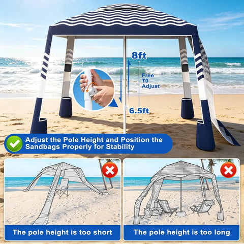 Beach Cabana Sun Shade Tent 8x8 Ft Portable Canopy With UPF 50 Plus Silver Coated Fabric Sandbags Side Wall Easy Setup Navy Stripes