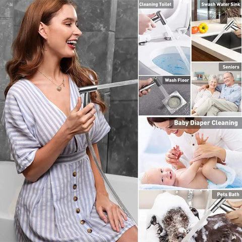 Woman using Handheld Bidet Sprayer Kit For Toilet With 57 Inch Hose Adjustable Water Pressure Control Bathroom Jet Sprayer Attachment
