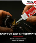 Applying Beefed-Up Extreme-Pressure Fishing Reel Lubricant For Gears And Bearings to reel, anti-corrosion oil with polar bonding