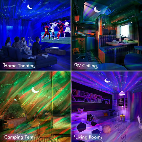 Galaxy Star Projector Night Light 4 In 1 With Bluetooth Speaker White Noise And App Control Aurora Sky Nebula Colorful Stars Moon Ceiling Projection For Bedroom Game Room And Adult Chill Vibe Decor casting lights on home theater, RV, camping tent, and living room ceilings.