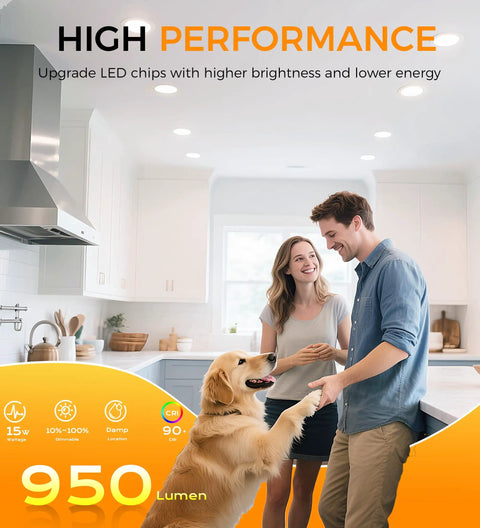 Couple in kitchen with dog under Six Pack Ultra Thin 6 Inch LED Recessed Downlights With Adjustable Color Temperature 3000K 4000K 5000K, Dimmable 15W, CRI90, Canless IC Rated Damp Location, White.