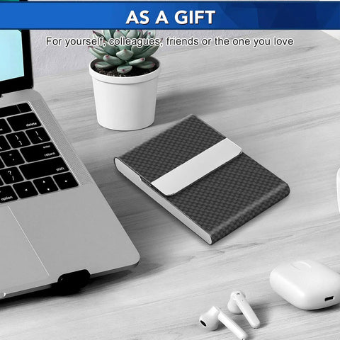 Slim Metal Business Card Holder with RFID Blocking PU Leather Case for Women or Men, Boss Vibe Black Carbon on desk