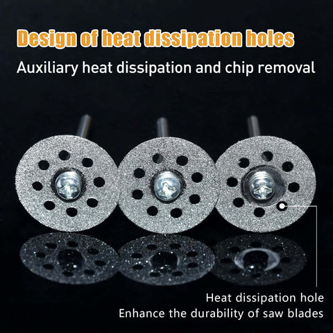 Diamond-coated cutting discs for rotary tools, 22mm diameter, three discs with center screws and heat-dissipation holes
