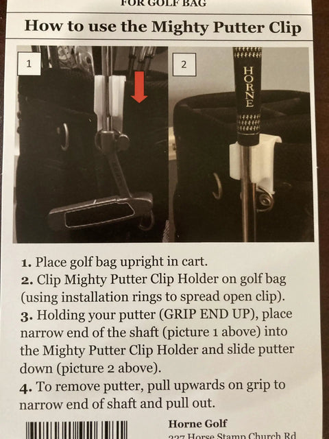 Instructions showing how to use the Mighty Putter Clip Holder for Golf Bag With Dual Ring Mounts Durable Nylon Clip.