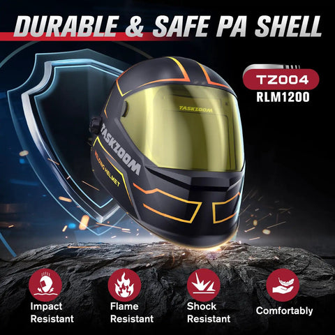 Auto Darkening Welding Helmet with Large Viewing Area and True Color Lens, shown with durable PA shell