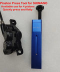 Universal Bike Disc Brake Piston Press Tool For Shimano And SRAM Calipers Piston Spreader And Compressor 24mm Wide 0.95 Inch Fast Piston Press For Easy Caliper Service And Maintenance in blue aluminum next to a caliper.