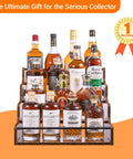 Four Tier Stadium Style Liquor Bottle Display Shelf 16 Inch Rustic Wood Rack For Bottles And Syrups Big Space Saving Heavy Duty Countertop Organizer With Guard Rails And Handles For Bar Kitchen Or Office filled with liquor bottles