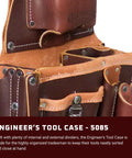 Close-up of Professional Engineer’s Tool Case with 17 pockets, top-grain leather, built-in dividers and quick-release snap