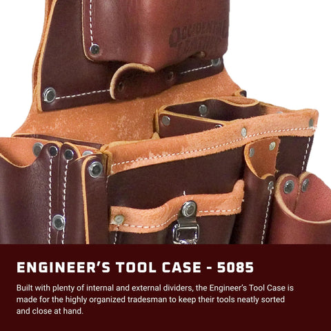 Close-up of Professional Engineer’s Tool Case with 17 pockets, top-grain leather, built-in dividers and quick-release snap
