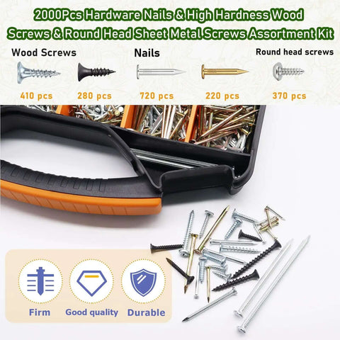 DIYers Dream All In One Hardware Kit With 2000 High Hardness Carbon Steel Wood Screws and Round Head Sheet Metal Screws in storage box.