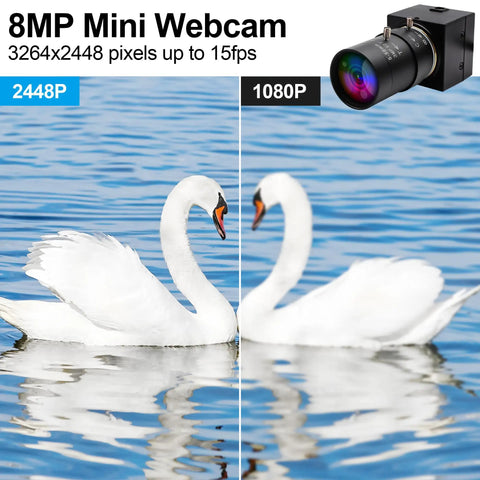 8MP USB Camera With 10X Optical Zoom And 5 To 50mm Varifocal Lens For PC And UVC WebCam That Delivers Slick Crisp Footage On Linux Windows Android And Mac OS At 15fps displaying image quality comparison of swans at 2448P and 1080P