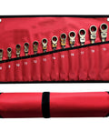 Ratchet Spanner Set 12 Piece Car Repair Tool Kit With Easy Grip Wrenches shown in a red roll-up pouch