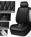All Black Diamond Stitch Dope Faux PU Leather Front Seat Covers For SUVs Vans And Trucks, Waterproof Anti Slip With Armrest