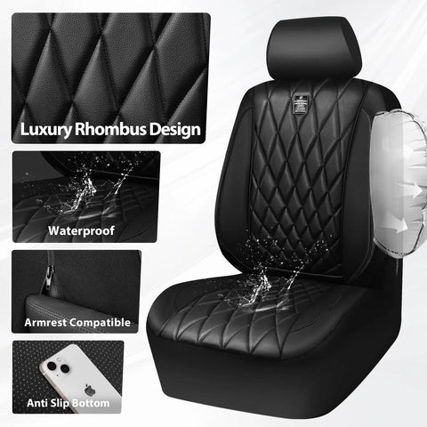 All Black Diamond Stitch Dope Faux PU Leather Front Seat Covers For SUVs Vans And Trucks, Waterproof Anti Slip With Armrest