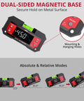 Heavy Duty Digital Angle Finder With Dual Axis Level And Quick Slope Checks Featuring Clear Led Screen And Built Tough Construction For No Fuss Contractor Projects Daily with dual-sided magnetic base.