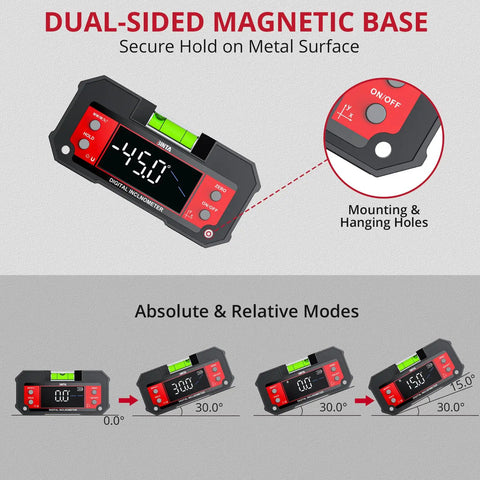 Heavy Duty Digital Angle Finder With Dual Axis Level And Quick Slope Checks Featuring Clear Led Screen And Built Tough Construction For No Fuss Contractor Projects Daily with dual-sided magnetic base.