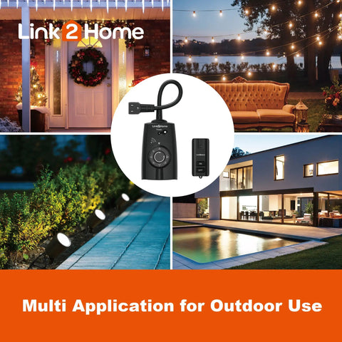 Heavy Duty Outdoor Weatherproof Dual Outlet Remote Control With Dusk To Dawn Sensor Programmable 24 Hour Timer shown in outdoor settings.