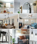 Collage showing Vintage LED Edison Bulbs 60 Watt Equivalent 6W ST58 Filament Bulbs 4000K in different home decor settings.