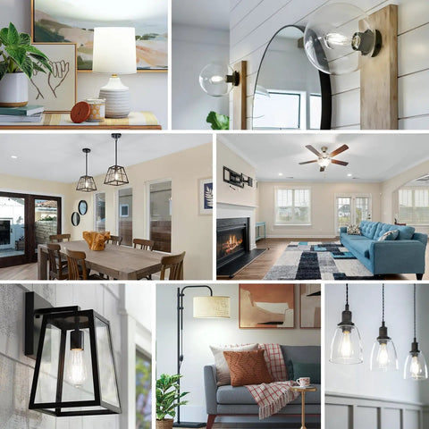 Collage showing Vintage LED Edison Bulbs 60 Watt Equivalent 6W ST58 Filament Bulbs 4000K in different home decor settings.