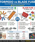 Comparison of torpedo and blade fuses for vintage vs modern cars, highlighting the 200 Pcs Torpedo Fuse Kit For Vintage European Cars And Motorcycles 5A To 40A Old School Style GBC Bullet Fuses Replacement Includes 30A And 40A Ratings Fits VW Beetle Bus Karmann Ghia Mercedes BMW Porsche.