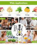 Super Cool 550W Electric Stainless Steel Centrifugal Juicer Machine For Fresh Fruit And Vegetable Juice Extraction With Auto Pulp Separator and images of its applications in cafes, hotels, and restaurants.