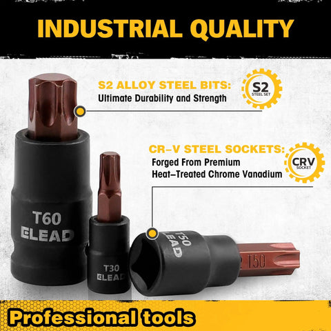 Rugged 31-Piece Torx Bit Socket Set With 14 Star Bits T8 Through T70 And 13 E-Torx Sockets E4 Through E24, Pro Grade CR-V And S2 Alloy Steel