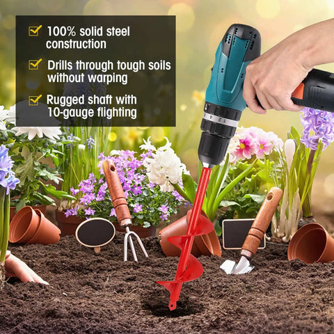 Red auger drill bit demonstrating Upgrade 3-Piece Auger Drill Bit Set for Easy Planting in garden bed with flowers and tools
