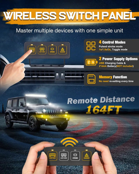 Wireless 4 Gang Switch Panel for Offroad LED Lights and Accessories Universal 12V Relay System with 164FT remote distance.