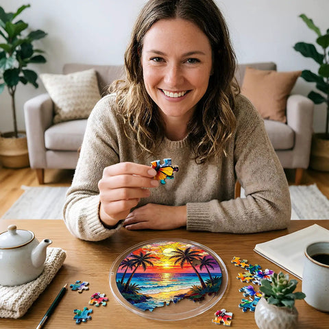 Person assembling Cool Sunlight Acrylic Catcher Puzzle Kit With 83 Pieces For Doors Windows And Garden Decor - Irregular Shape 2D DIY Puzzle For Adults That Projects Colorful Light In Sunlight For Indoor Window Displays 7.87 Inch