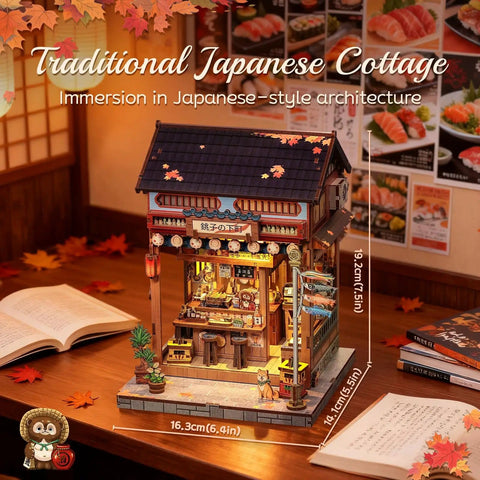 Dope DIY Japanese Izakaya Book Nook Kit For Adults Teens And Beginners, Tiny House Bookshelf Decor with red lanterns
