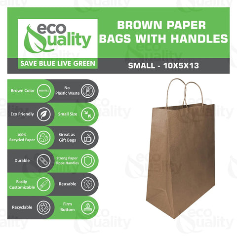Brown Kraft Paper Bags With Handles 10x5x13 Inches 500 Pack Durable Reusable Eco Friendly Shopping Gift Bags For Party Merchandise Lunch Grocery Use Everyday.