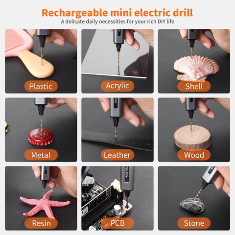 Cordless Mini Drill Pen With 10 Bits Brushless Motor 0.2 Nm Torque 550 RPM LED Lights Rechargeable Hand Drill Set for versatile crafting tasks.