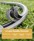 Close-up of Six Foot Propane Regulator Stainless Steel Braided Hose showing 4-layer durable construction on grass.