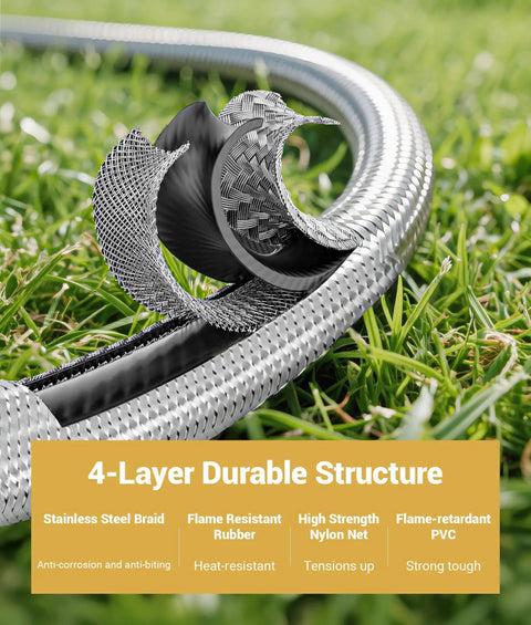 Close-up of Six Foot Propane Regulator Stainless Steel Braided Hose showing 4-layer durable construction on grass.