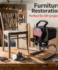 Pro Level Airless Paint Sprayer With 850W Motor For House Painting And DIY Furniture on a workbench with a wooden chair.
