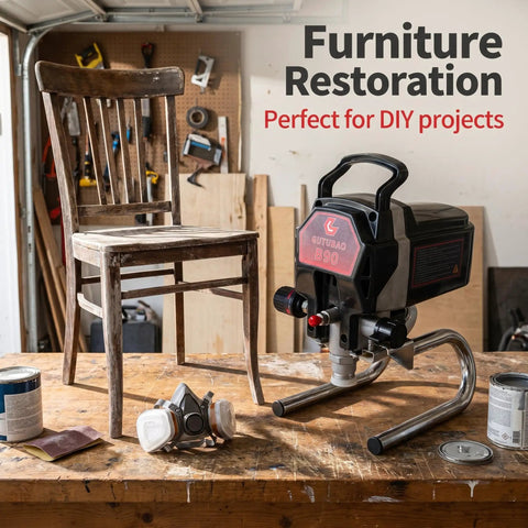 Pro Level Airless Paint Sprayer With 850W Motor For House Painting And DIY Furniture on a workbench with a wooden chair.