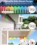 Smart RGB IC Outdoor Lights For House And Garden App And Remote Control Scene Modes IP67 Waterproof 200ft shown on fences and eaves.