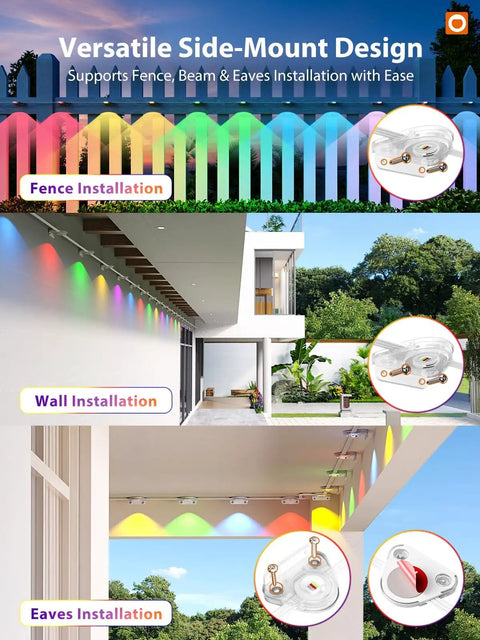 Smart RGB IC Outdoor Lights For House And Garden App And Remote Control Scene Modes IP67 Waterproof 200ft shown on fences and eaves.