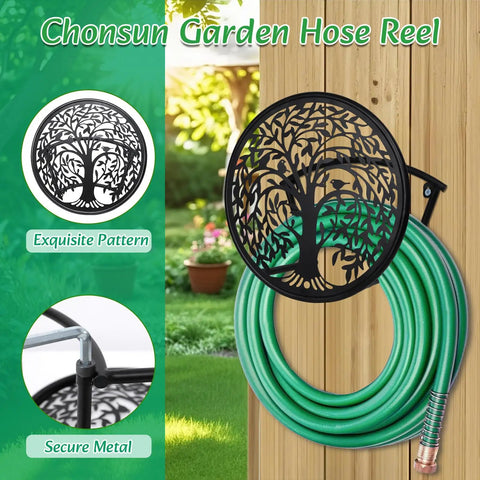 Heavy Duty Outdoor Garden Hose Reel and Wall Mount Holder With Tree of Life Metal Design, mounted with green hose outside