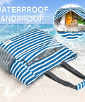 Waterproof Sandproof Beach Tote Bag With Large Capacity Two-In-One Foldable Design For Women Navy Stripe on sandy beach