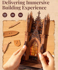 Hands assembling Gothic Architecture 3D Puzzle Kit For Adults With LED Lights Wooden Model Building Set Twin Tower Cathedral