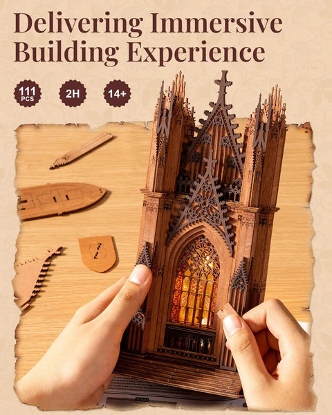 Hands assembling Gothic Architecture 3D Puzzle Kit For Adults With LED Lights Wooden Model Building Set Twin Tower Cathedral