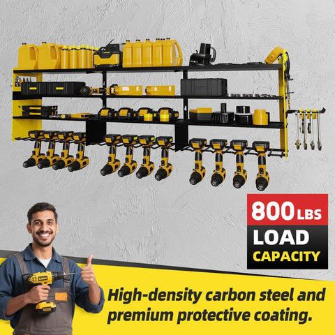 Heavy Duty Wall Mounted Tool Organizer With Four Layer Storage And Twelve Drill Holders For Garage And Workshop Side Plates For Batteries And Accessories Adjustable Utility Rack For Maximum Organization displaying tools and accessories.