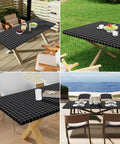Waterproof Elastic Fitted Vinyl Table Cover 30x72 with Flannel Backing on outdoor tables in various settings, black, easy to clean, sun protection.